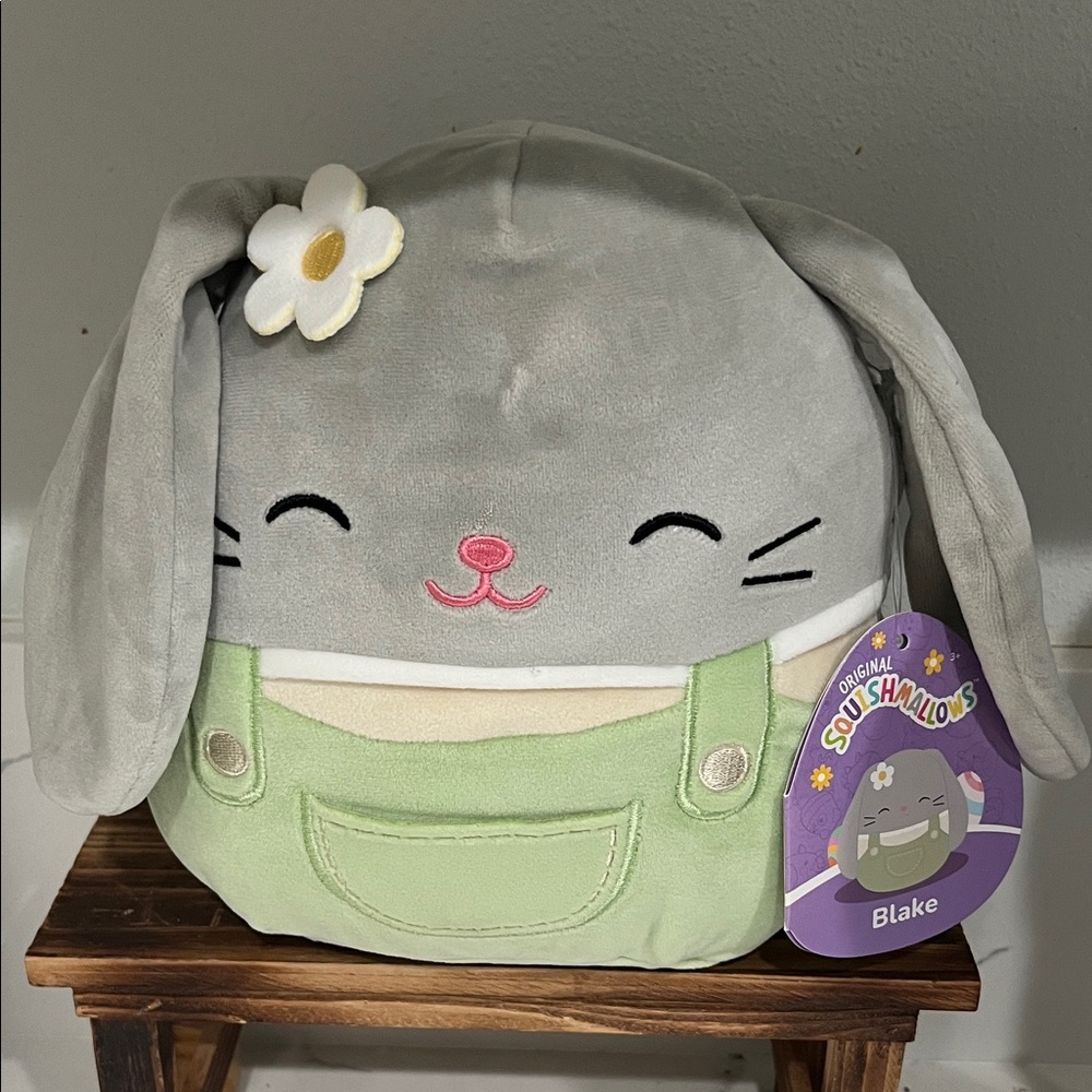 Squishmallows Blake Gray Bunny with Green Overalls NWT